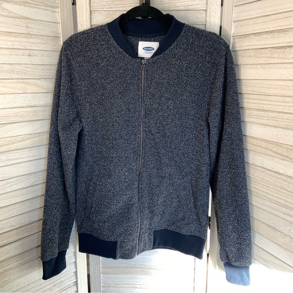 Old Navy Men’s Gray and Blue Textured Minimalist Zip Up Bomber Jacket Like New - Picture 3 of 8